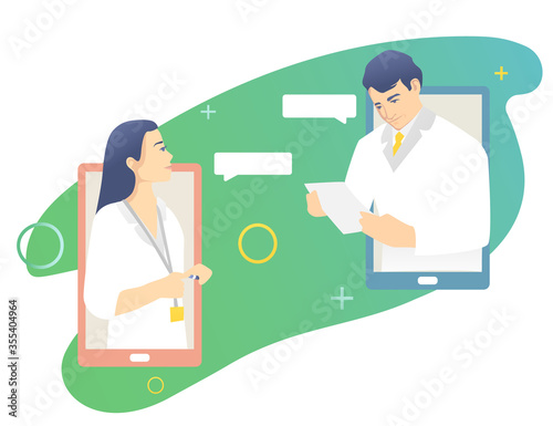 Modern healthcare technology. Online consultation of specialists, a beautiful female character is talking to a male doctor. Telemedicine concept