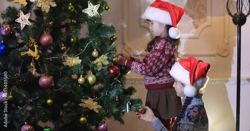 Side view of two girls in warm sweaters and red Santa Claus hats decorating a Christmas tree, sisters are preparing for the new year celebration Side view of two girls in warm sweaters and red Santa Claus hats decorating a Christmas tree, sisters are preparing for the new year celebration