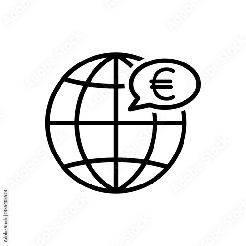 Icono plano lineal globo terráqueo con euro en burbuja de habla en color negro