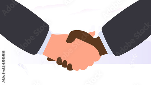 Handshake of a dark-skinned and fair-skinned guy. The concept of equality, peace and friendship of peoples. Vector.