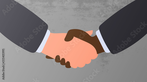 Handshake of a dark-skinned and fair-skinned guy. The concept of equality, peace and friendship of peoples. Vector.