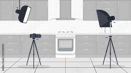 Studio for kitchen blogs. Stylish kitchen in a flat style. Kitchen cabinets, stove, oven, video camera, softbox. Background for cooking blogs. Vector.