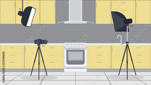 Studio for kitchen vlogs. Stylish kitchen in a flat style. Kitchen cabinets, stove, oven, video camera, softbox. Background for cooking vlogs. Vector.