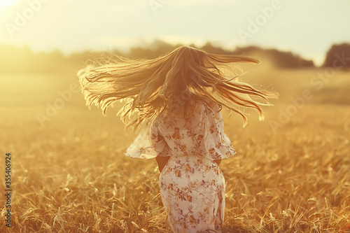 field wheat sunset girl, summer landscape, outdoor activity concept abstract freedom woman