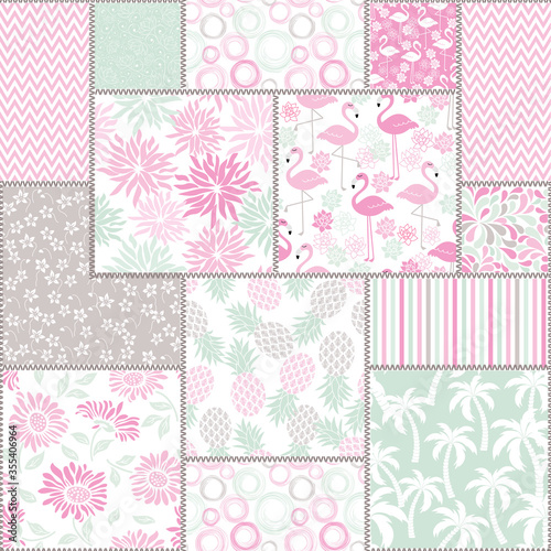 Seamless abstract colorful patchwork pattern from flowers in tropical motifs. Vintage decorative elements. Hand drawn background in retro colors. Vector illustration