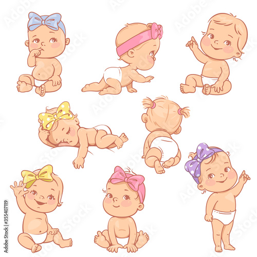 Set with cute little baby girl in diaper, with hair bow. 