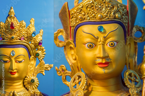 Double photograph showing gold covered statue of tibetan buddhist master Guru Rimpoche or Padmasambhava and Chenrezig.
