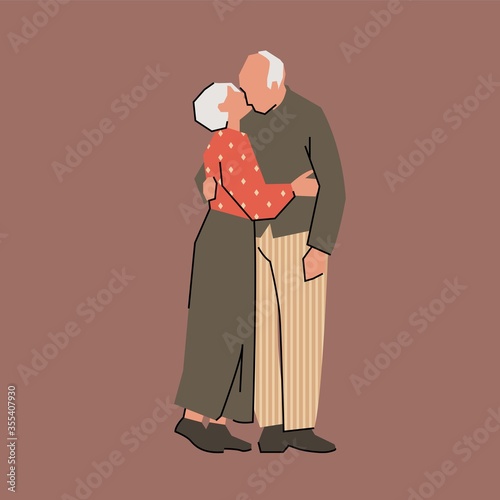 Elderly couple of seniors kissing, hugging each other. Old woman and man together. Grandmother and grandfather. Gray-haired people, married a long time couple. Long life. Vector stock illustration.