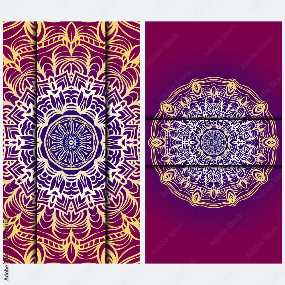 Luxury red, sunrise, gold color The Front And Rear Side. Mandala Design Elements. Wedding Invitation, Thank You Card, Save Card, Baby Shower. Illustration. Vector