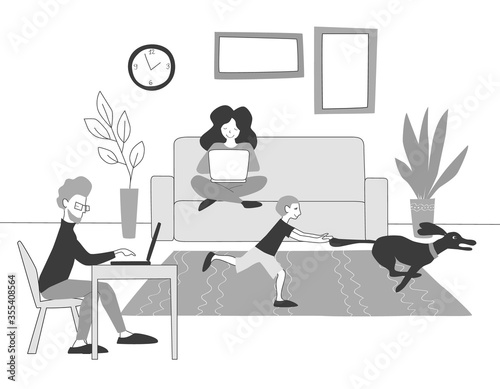 The concept of work from home.  Freelancers are working  with laptops while a child plays with a pet. Family: mom dad baby and dog. Stock vector simple flat illustration isolated on white background.