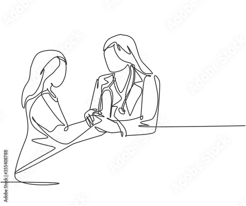 Continuous line drawing of female obstetrician and gynecologist doctor handshake and congratulate a young happy pregnant mom about her pregnancy. One line drawing vector illustration