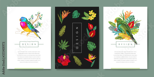 Set of banner templates with embroidered birds, tropical flowers and leaves