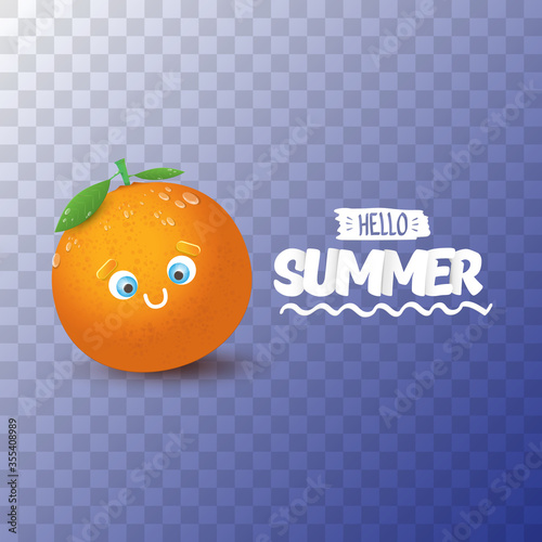 Vector Hello Summer party label or flyer Design template with fresh orange fruit transparent on abstract background. Hello summer concept label or poster with fruit and letternig text photo