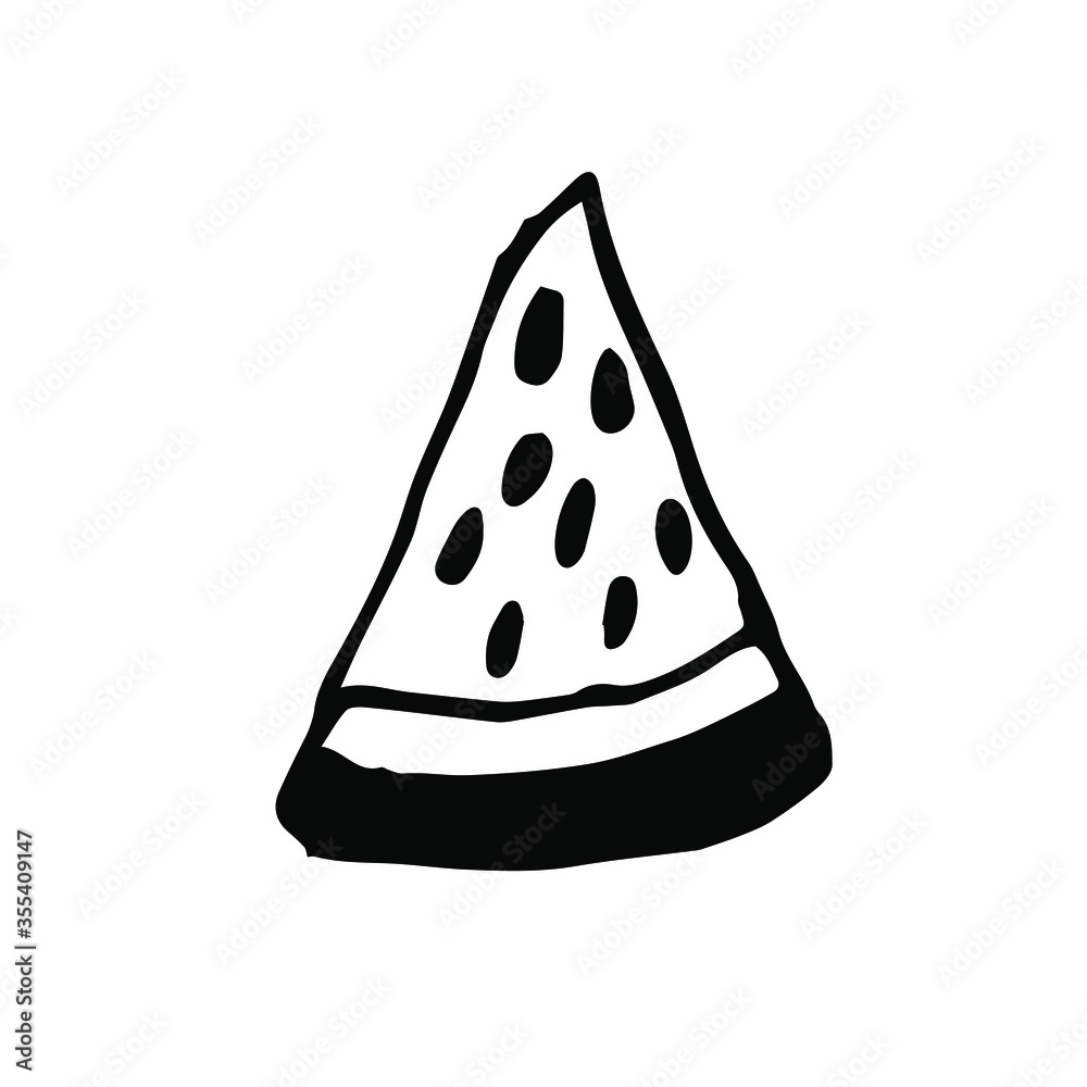 A slice of watermelon. Vector drawing in Doodle style.A simple black and white picture on a summer theme. Isolated on a white background. Element of design and decor. A slice of watermelon. Vector drawing in Doodle style.A simple black and white picture on a summer theme. Isolated on a white background. Element of design and decor.