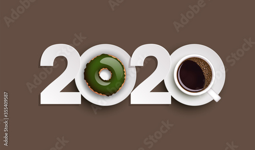Happy New Year 2020 breakfast coffee & donuts background. Greeting card 2020 cup of coffee & donuts icing flyer. Coffee & donuts of date 2020 year view from above banner. Celebrate breakfast brochure
