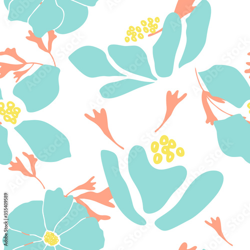 Stylized flowers hand drawn color vector seamless pattern. Abstract poppies or roses with leaves  sketch drawing. Scandinavian style cartoon floral texture. Wrapping paper  textile  background fill 