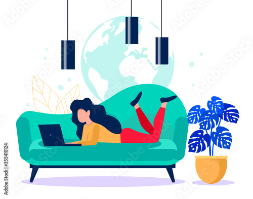 Girl with a laptop sitting on the coach. Freelance concept. Online work vector illustration.