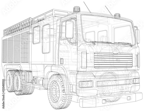 Fire truck. Fire Engine Vector illustration. Wire-frame line isolated. Vector rendering of 3d.
