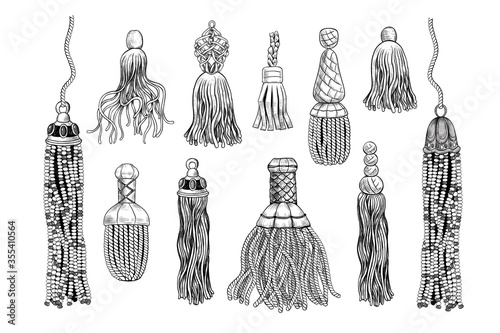 ..A set of various tassels and sword knots of different materials. Cord, thread, leather, beads. Engraved decor elements. Monochrome isolated objects. Vector vintage illustration. photo