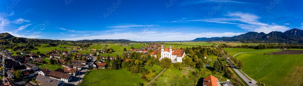 Aerial view of Schlehdorf monastery with parish church St. Tertulin on Kochelsee, Schlehdorf Upper Bavaria, Bavaria, Germany