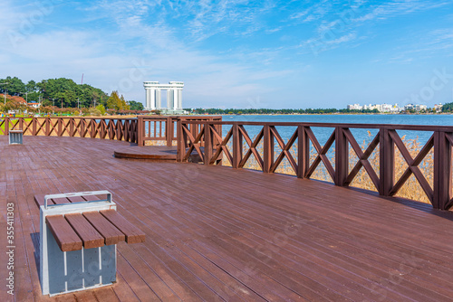 Lakeside promenade alongside Gyeongpo lake in Gangneung, Republic of Korea photo