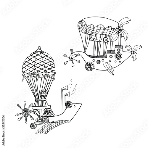 Set of vector drawings of fantastic airships. Illustration of a flying machine in the steampunk style. Hand-drawn. Isolated on a white background. Coloring book for children and adults.