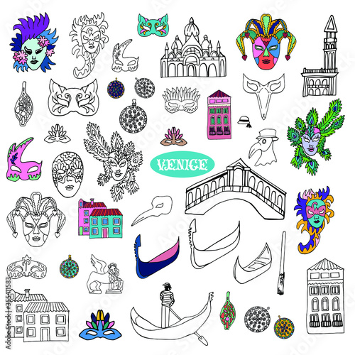 Set of Venetian elements in the Doodle style. Carnival masks, colored houses, gondola, Murano glass.  Freehand vector drawing isolated on white background. Coloring page for children and adults.
