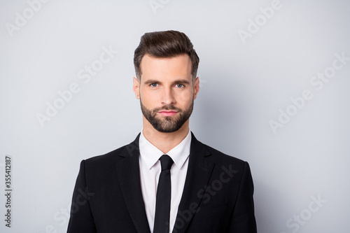 Close up photo of confident cool marketer worker man good look in camera real entrepreneur wear formalwear isolated over grey color background