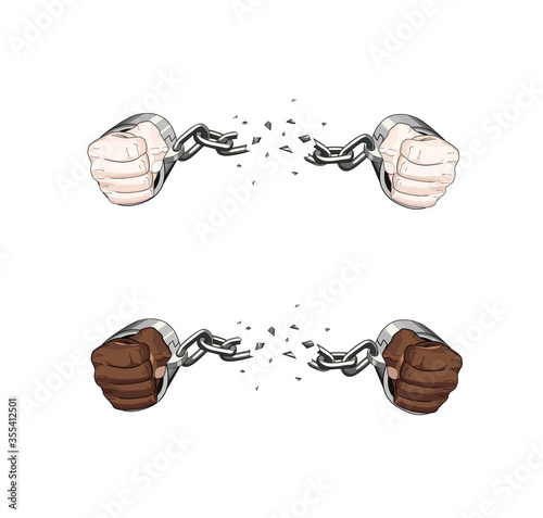 no racism. free slave broken handcuffs chain. realistic White and african hands cuffed. Vector graphic illustration. No slavery. People freedom.
