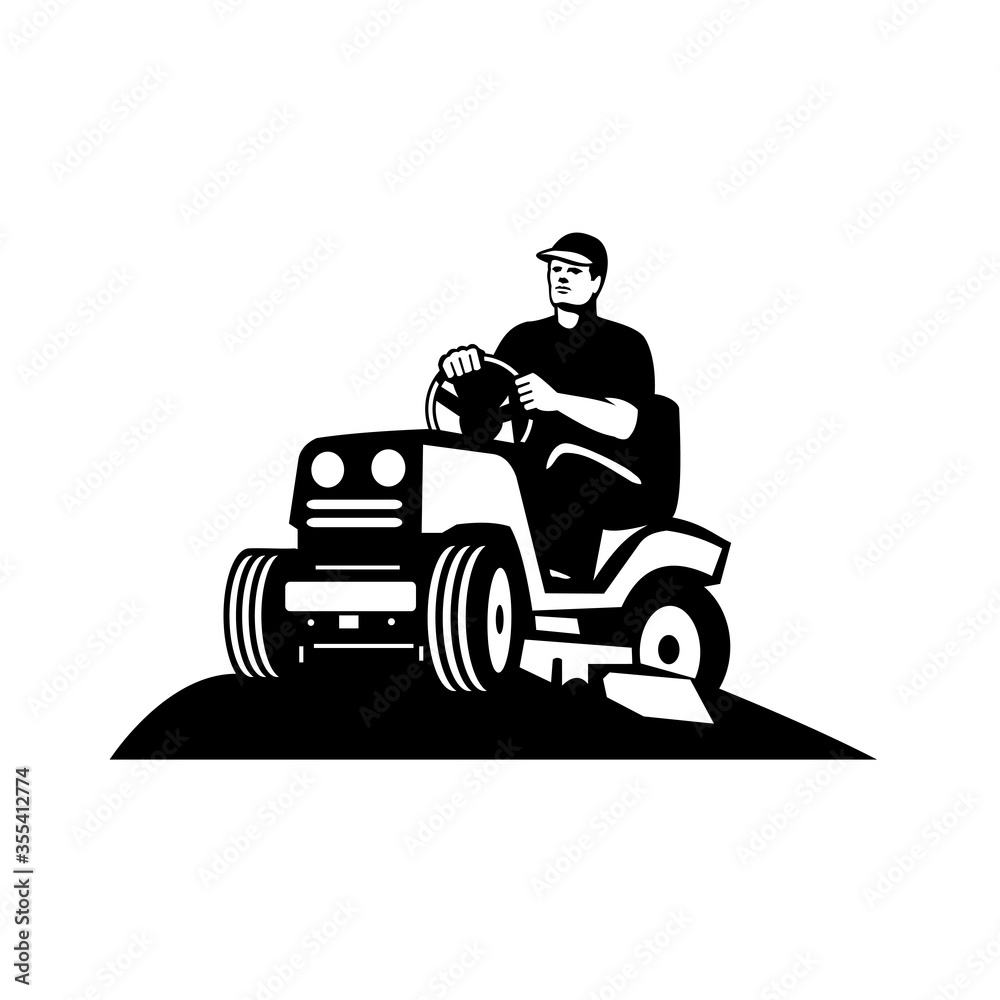 Gardener Landscaper Groundsman Groundskeeper Riding Rideon Lawn Mower Retro Black and White
