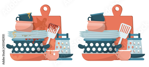 Dirty and clean pile of kitchenware vector