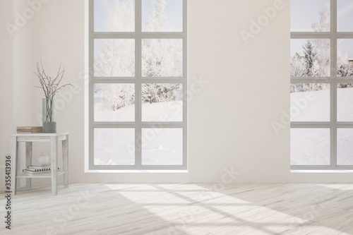 White stylish empty room with winter landscape in window. Scandinavian interior design. 3D illustration