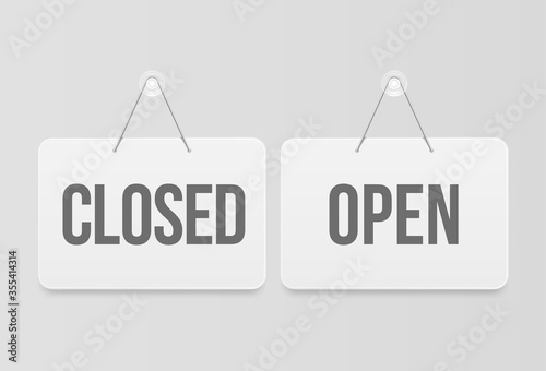 Open and closes signs, white hanging door signage