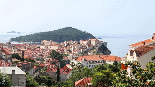 Far away view at Dubrovnik old town distric from a nearby hill.