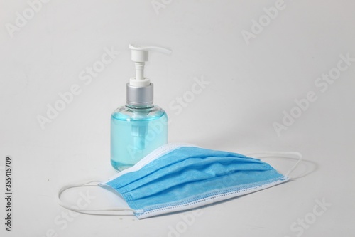 Coronavirus prevention medical  masks and hand sanitizer gel concept hygiene Covid19 protection.