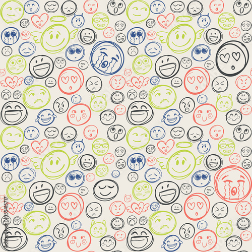 Background withhand drawn Emoji. Colorful seamless pattern. Line drawing emoji.