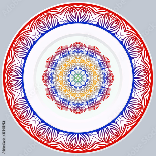 decorative plates for interior design. Empty dish, porcelain plate mock up design. Vector illustration. Decorative plates with Mandala ornament patterns. Home decor background