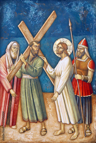 5th Stations of the Cross, Simon of Cyrene carries the cross, Parish Church of the Precious Blood of Jesus in Zagreb, Croatia