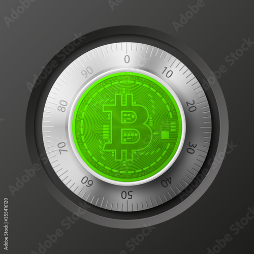 HUD Golden bitcoin armored box. Digital currency steel safe money. Technology bitcoin mining worldwide network. Web banner gold bitcoin combination lock bit coin. Cryptocurrency technology coins money