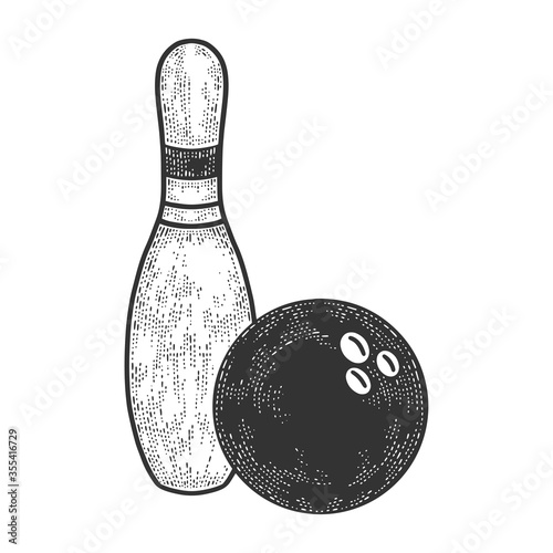 Bowling pin and ball sketch engraving vector illustration. T-shirt apparel print design. Scratch board imitation. Black and white hand drawn image.