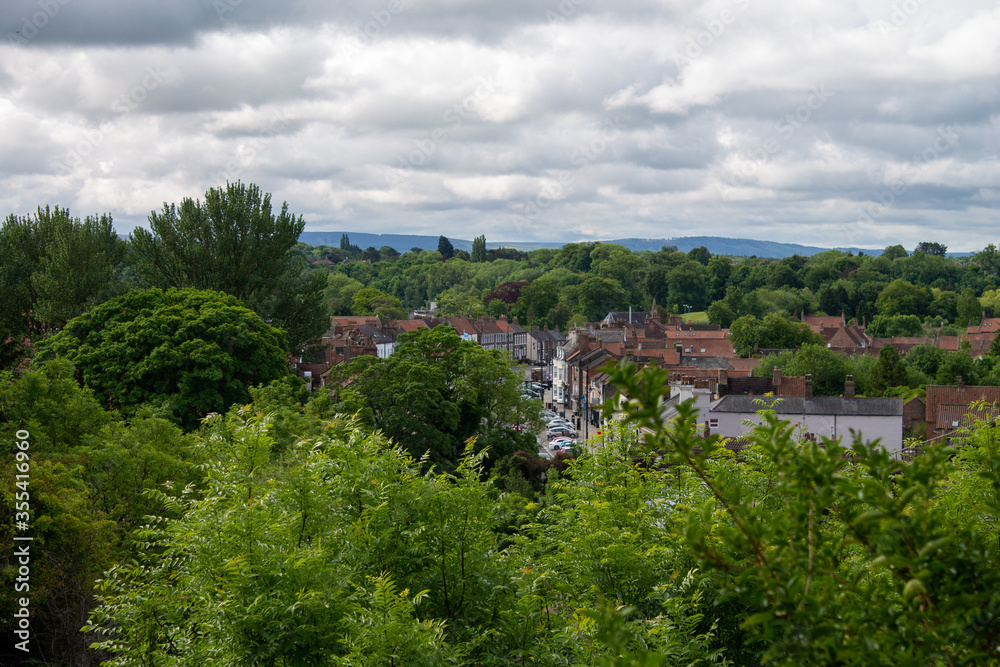 The market town of Yarm showing the woodland surrounding the town.