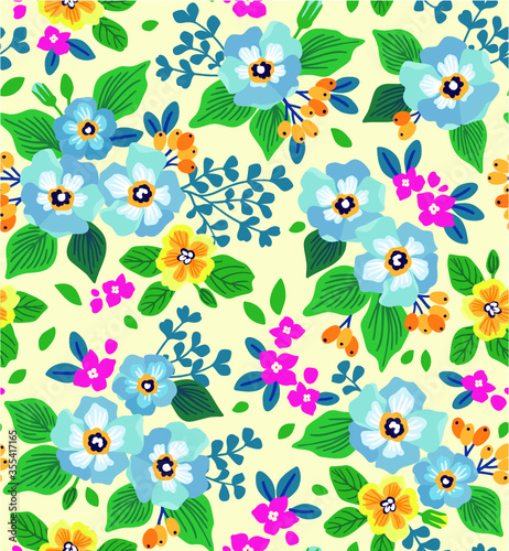 Cute floral pattern beautiful flower. Seamless vector texture. Elegant template for fashion prints. Printing with small pale blue and yellow flowers. White background. © ann_and_pen