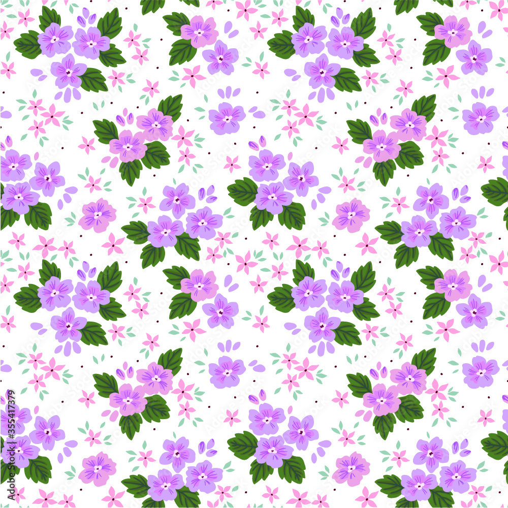 Floral seamless pattern with small flowers in vintage style. Surface design of lilac flowers and leaves on a white background. A bouquet of spring flowers for fashion prints. Modern floral background.