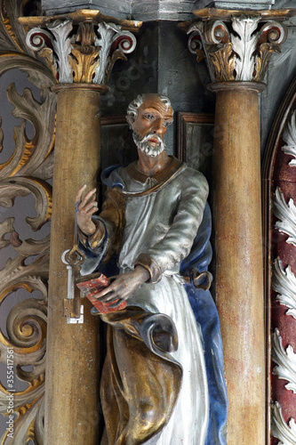 St. Peter, a statue on a high altar in the chapel of Saints Fabian and Sebastian in Gracenica, Croatia photo