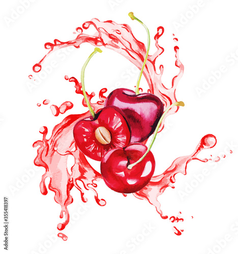 Red cherries and half of cherry in splash of juice