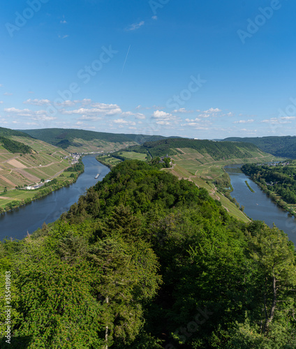 With the bike on the cycle path through the countryside along the river Moselle in Rhineland-Palatinate from Trier to Koblenz in summer