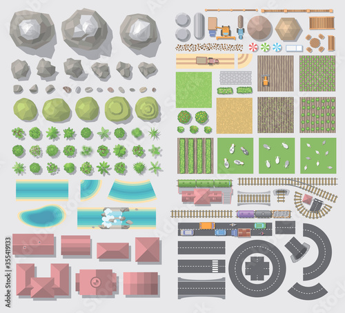 Set of landscape elements. Village. (Top view) 
Farm. (View from above)