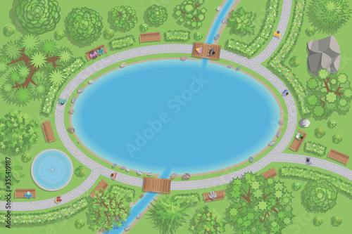 Vector illustration. Park with a large lake. (Top view)
Paths, trees, shrubs, lake, fountain, people. (View from above)