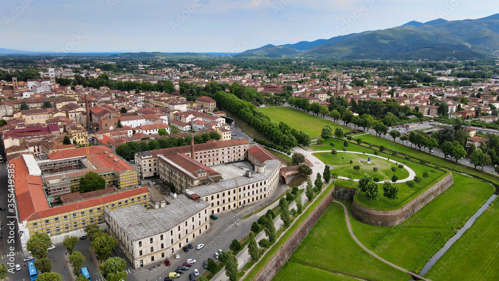Amazing aerial view of Lucca medieval town in Tuscany