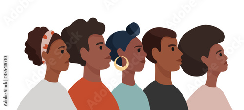 Black Lives Matter. African American men and woman in colorful t-shirts stand one by one. Tolerance and no racism concept. Protest Banner about Human Right of Black People. Cartoon vector illustration